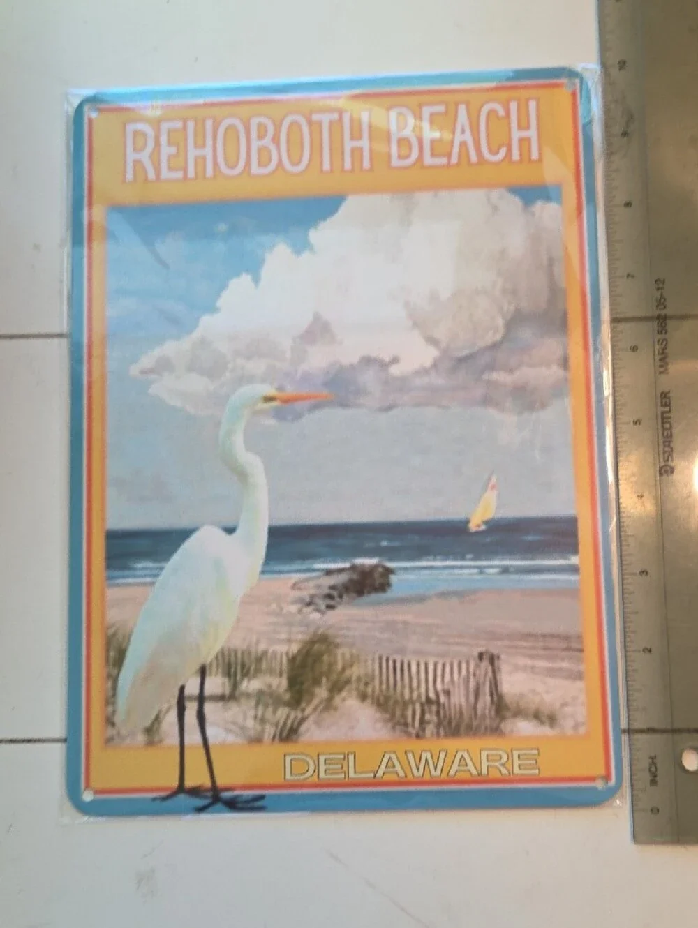 Painted Metal Sign - Rehoboth Beach Delaware Coastal Wall Art - Yellow & Blue
